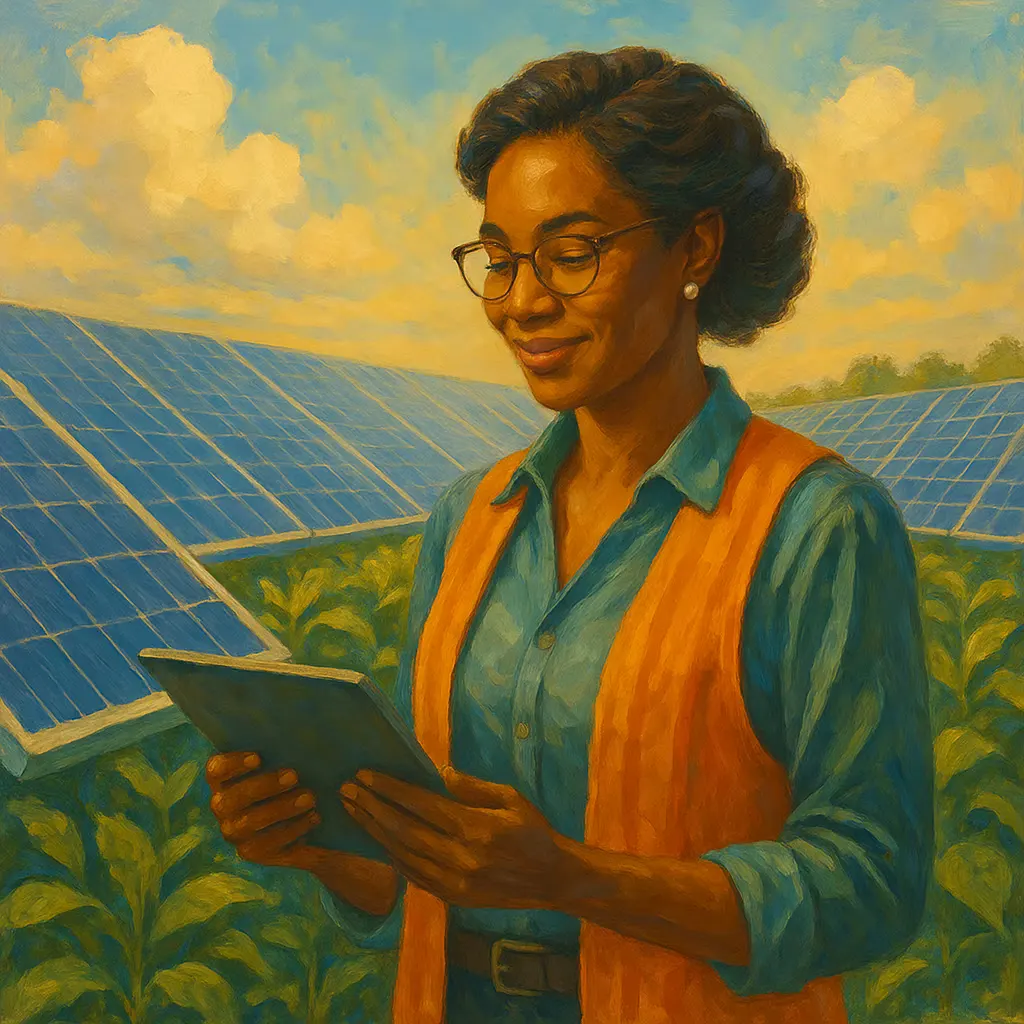 A worker reviews a tablet in front of solar panels and crops.
