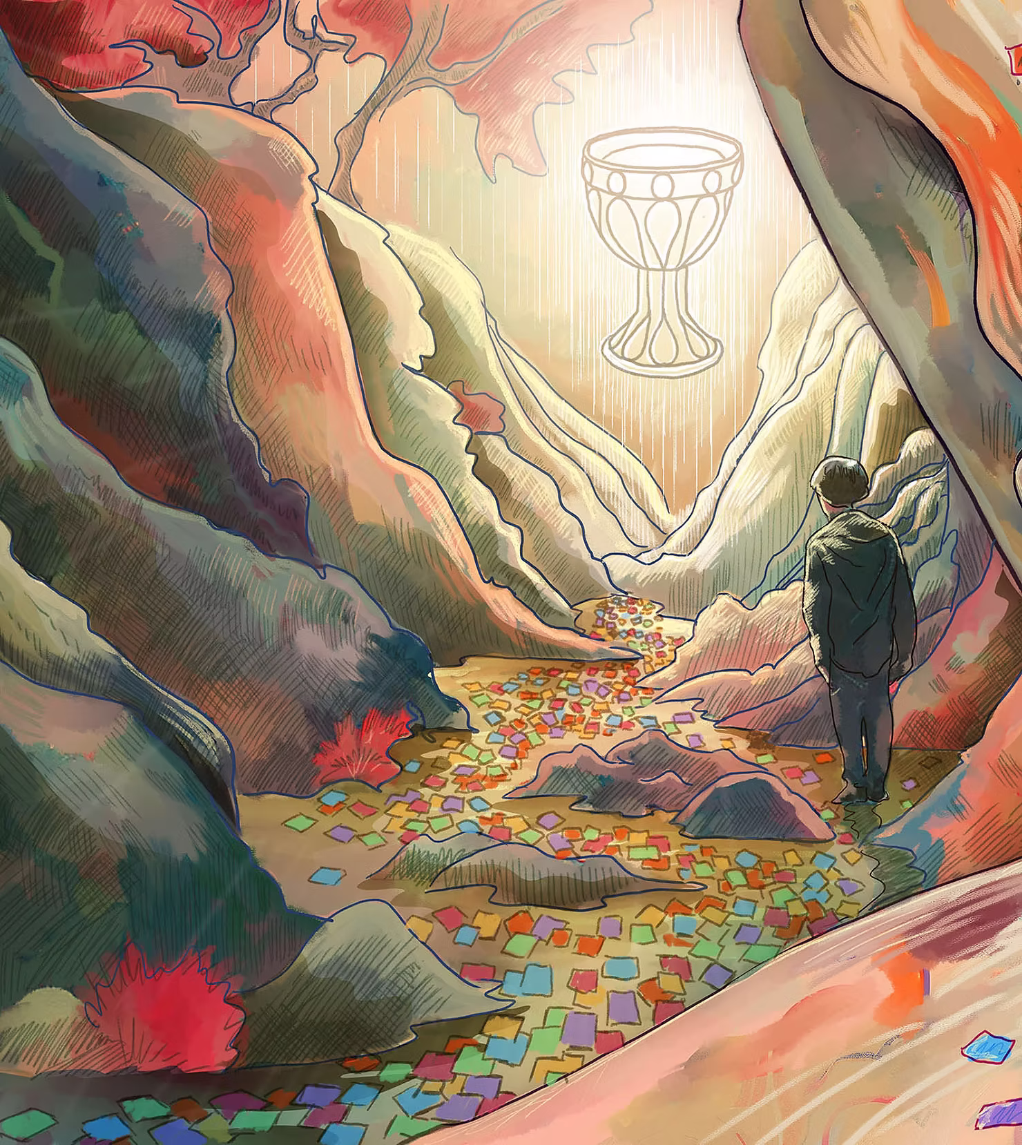 A figure walking a sticky-note path toward a glowing chalice between canyon walls.