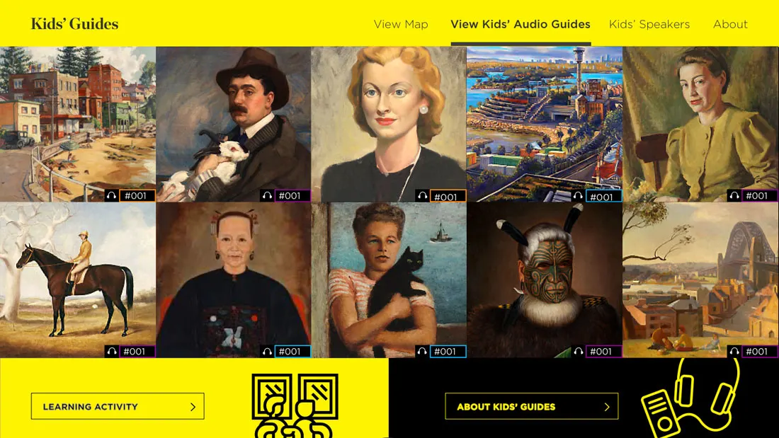 The Kids’ Guides screen: a grid of portraits with audio numbers