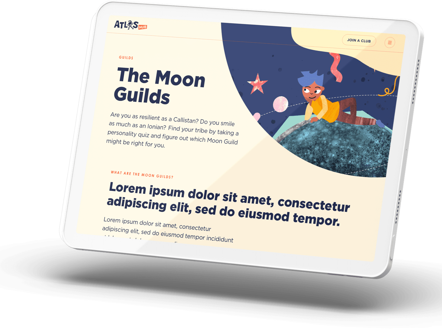The Atlas Hub Moon Guilds page shown on a tablet
