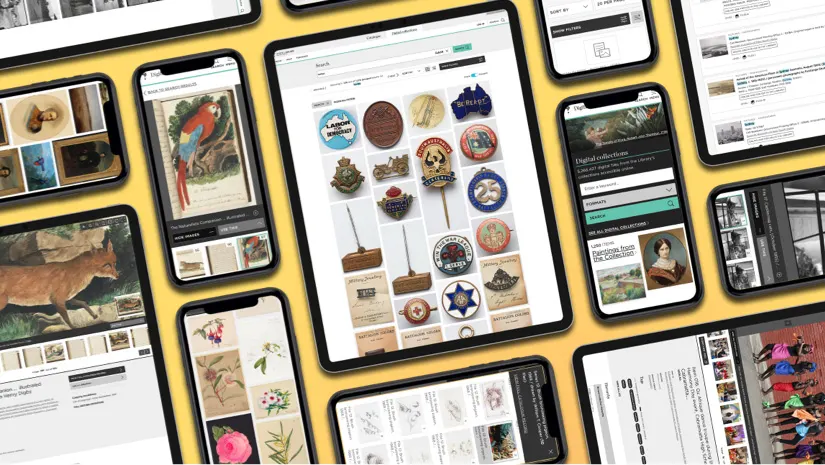 Digital collection interfaces shown across tablets and phones