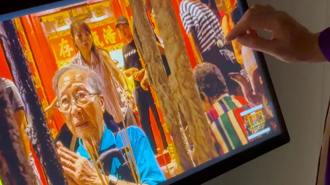 A close-up of a high-resolution photograph shown on a Photographic Galleries touchscreen kiosk