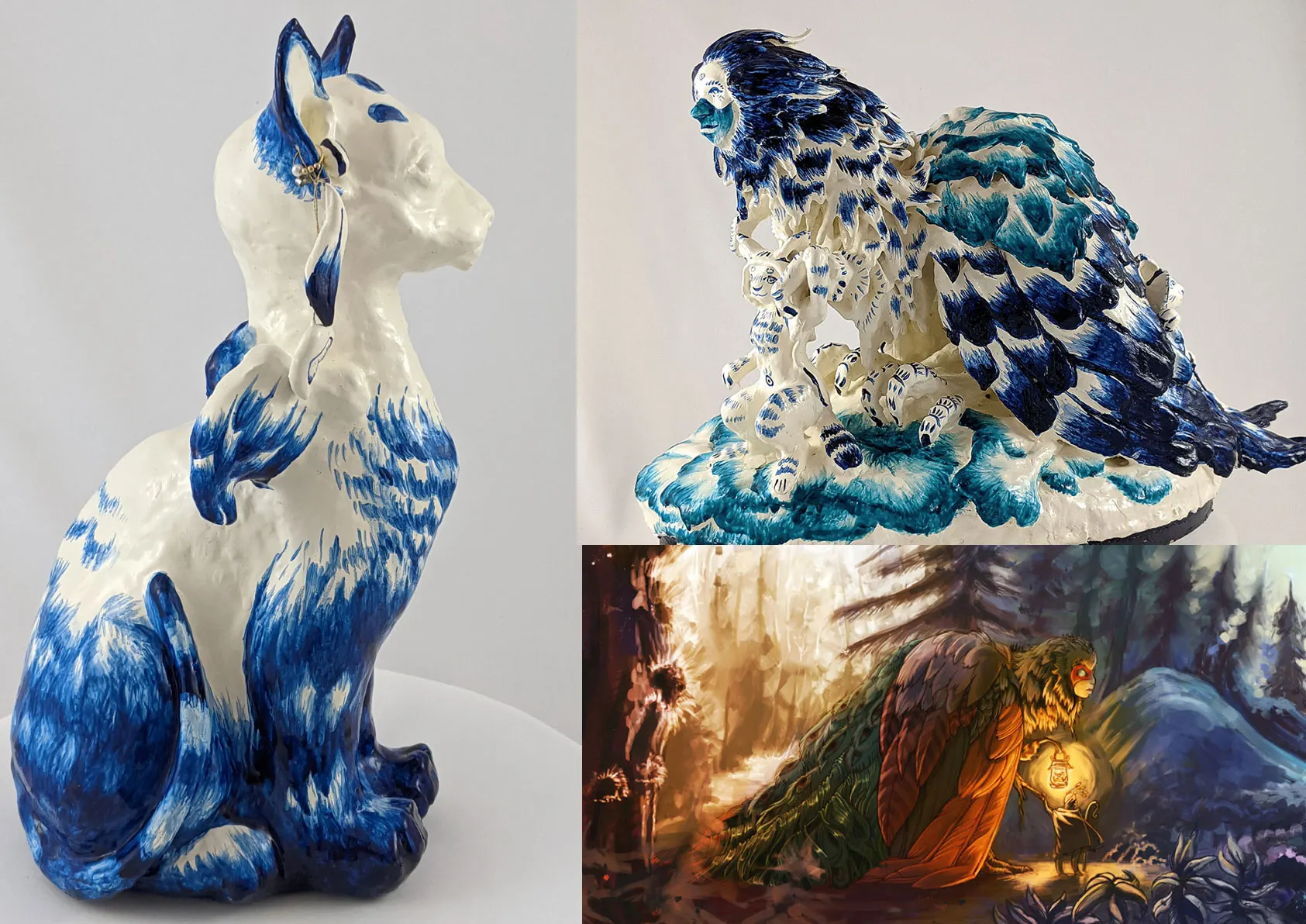 Ceramic figures and an illustration shown side by side