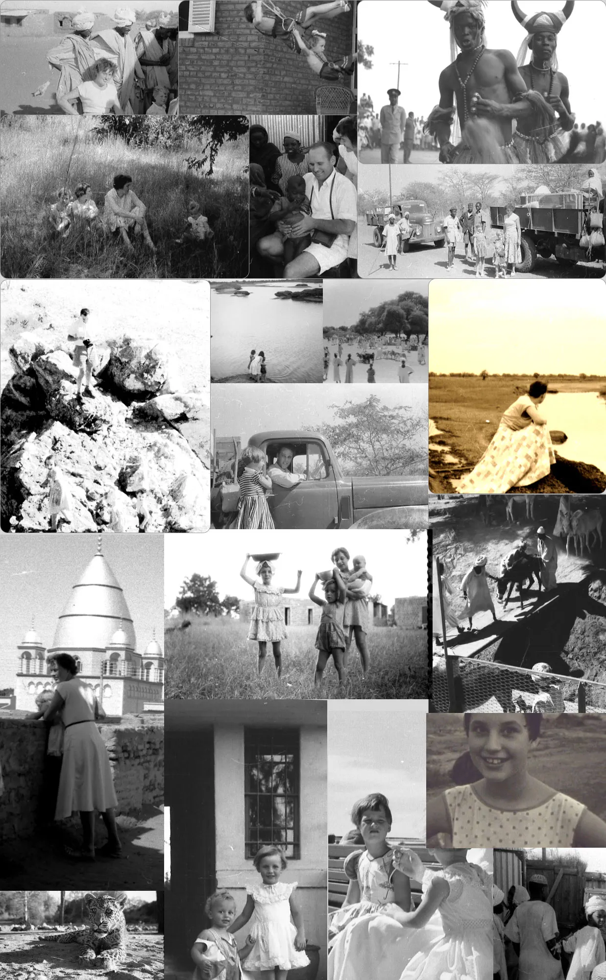 A dense collage of archival family photographs