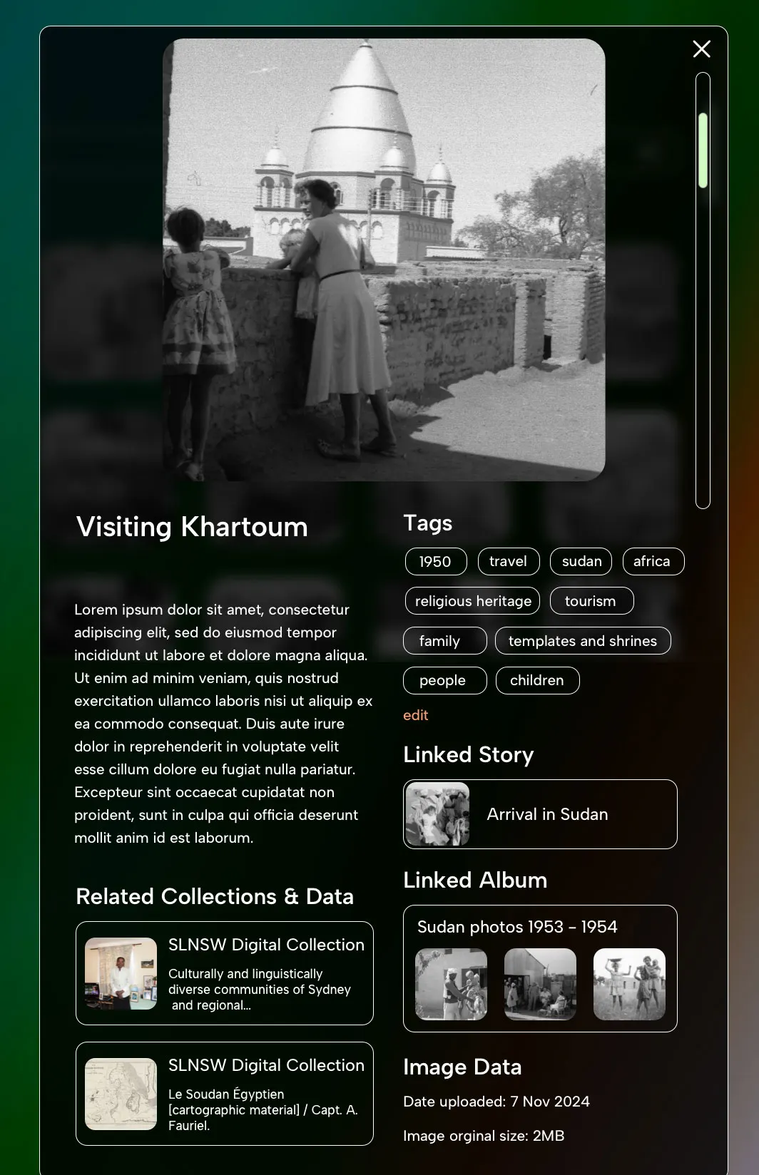 Concept screen: an item detail view with tags, linked story, linked album and image data