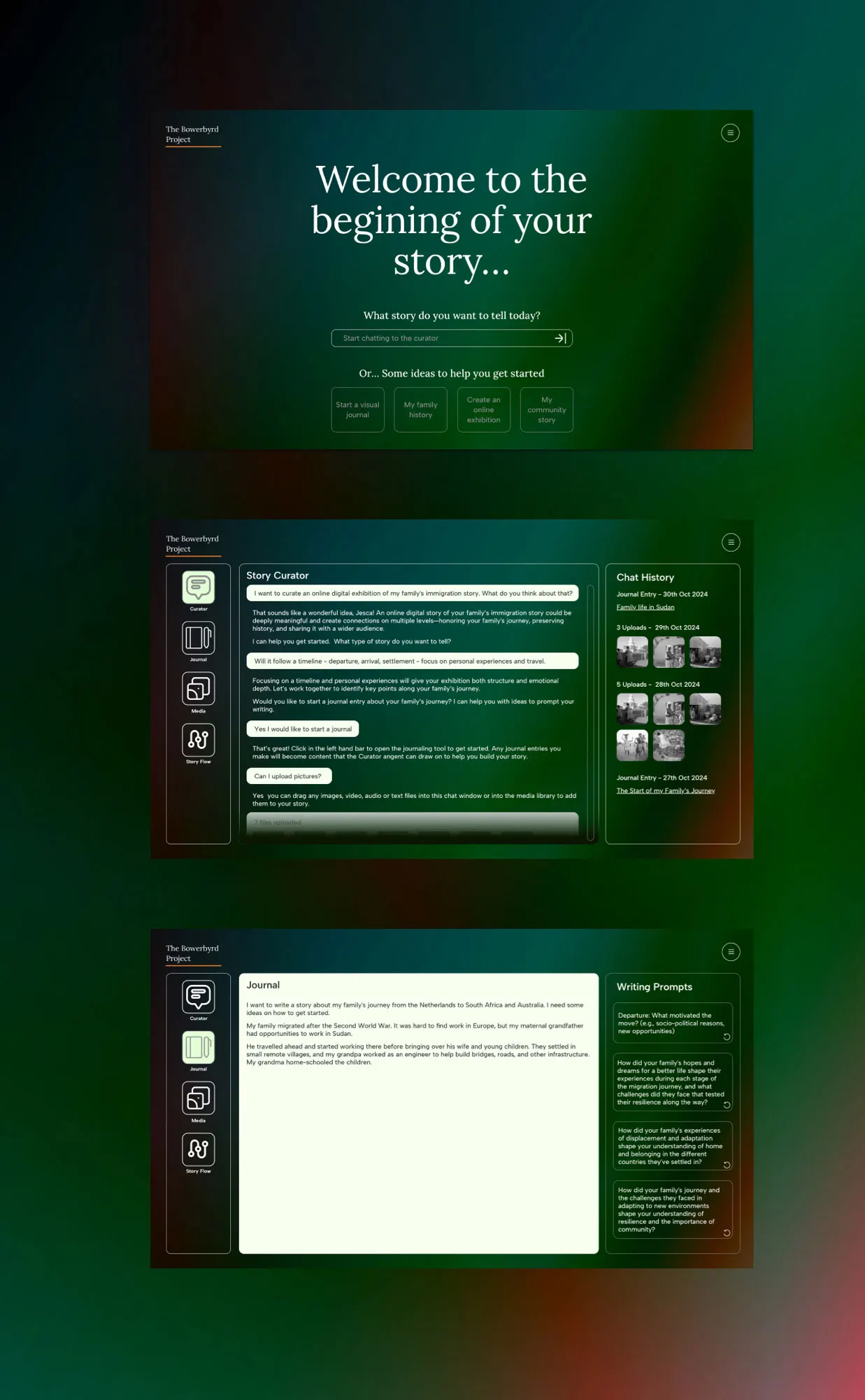 Concept screens: an opening prompt, a curator conversation and a journal with writing prompts