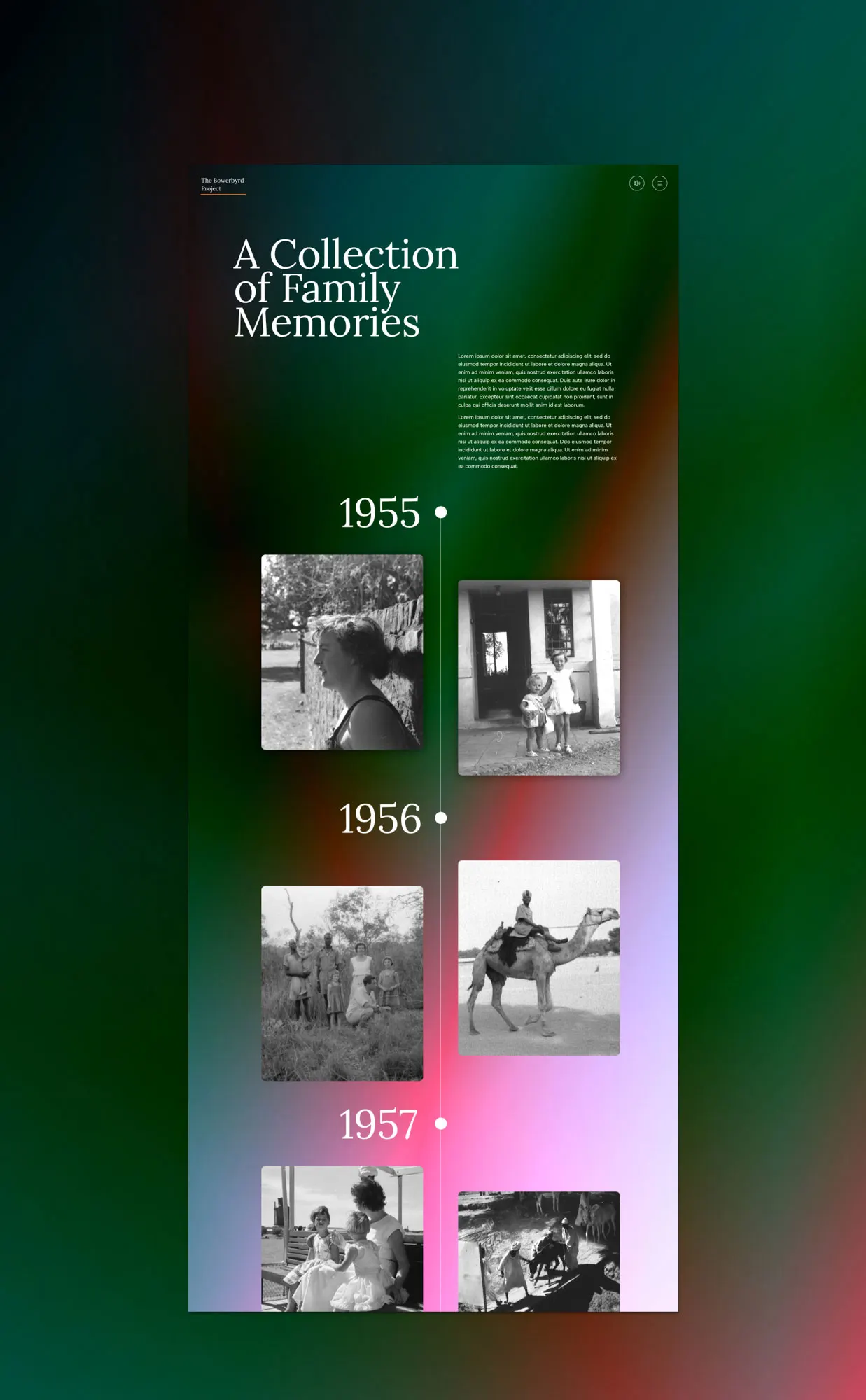 Concept screen: a vertical timeline of years with photographs placed along it